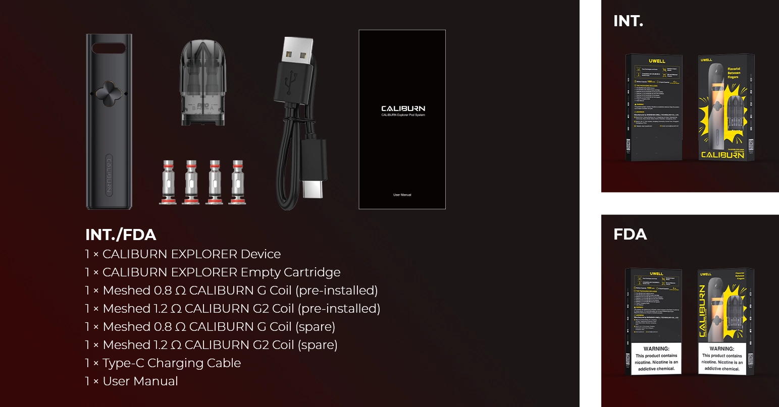 محتویات جعبه پاد سیستم یوول کالیبرن اسکپلورر Uwell Caliburn Explorer
