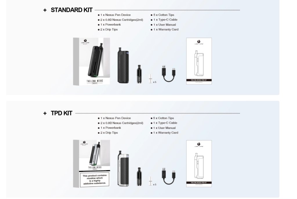 محتویات ورژن TPD و استاندارد کیت Lost Vape Thelema Nexus